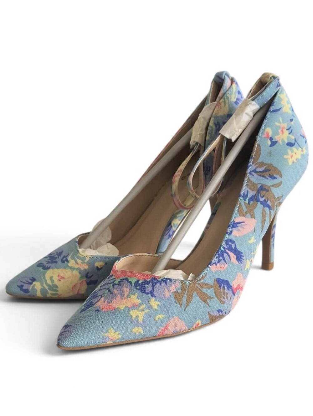 Qupid Saffir 04 Light Blue Multi Fabric Floral Pointed Heels Size 6